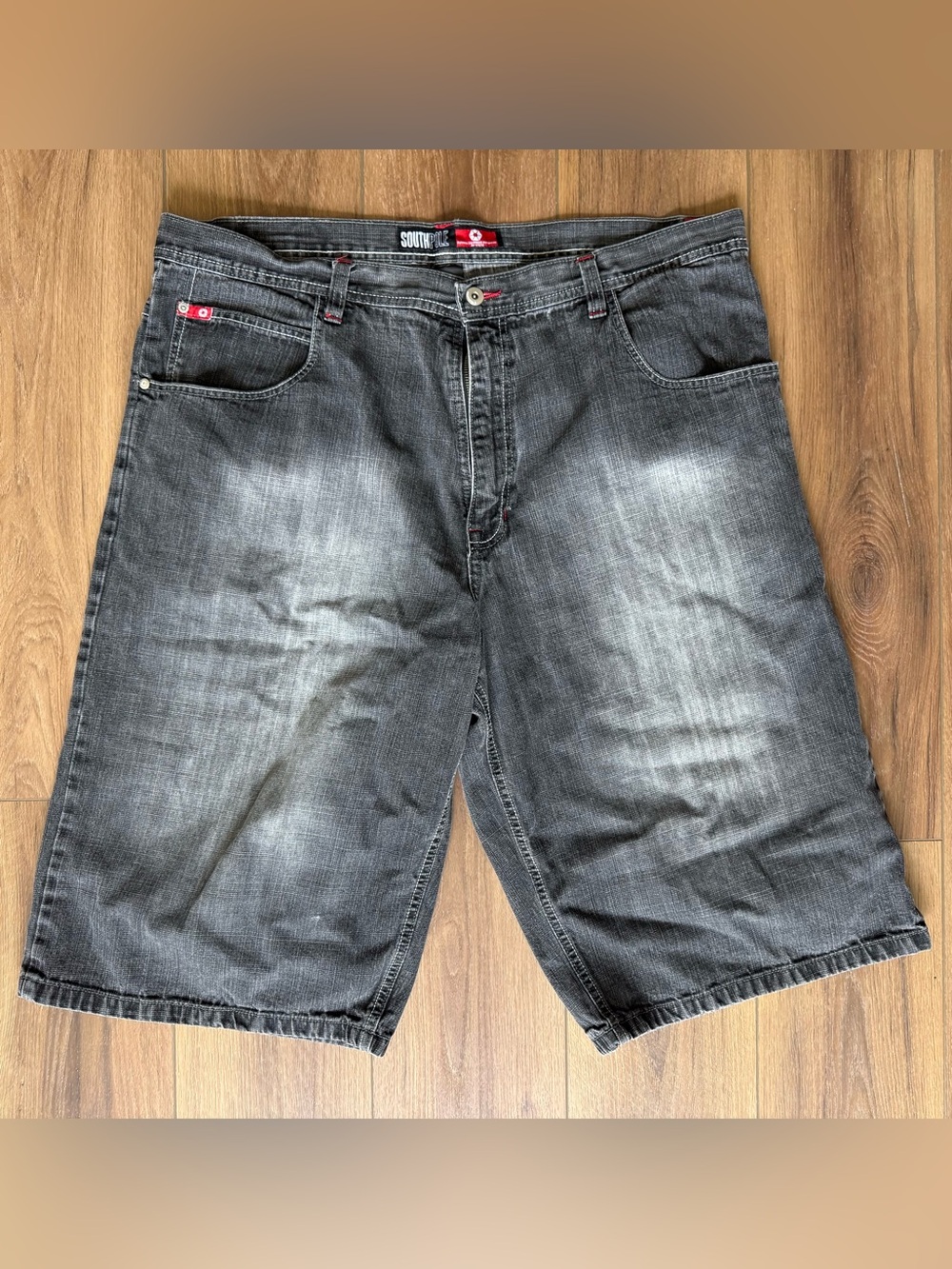 South Pole Y2K Black Baggy Red Tab Denim Shorts AOP Pockets Size 42 Skate